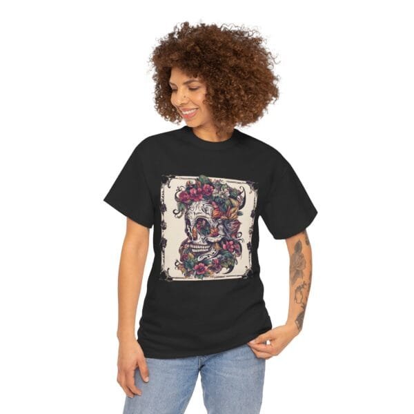 Floral Skull Unisex Heavy Cotton Tee - Unique Art T-Shirt for Casual Wear - Image 7
