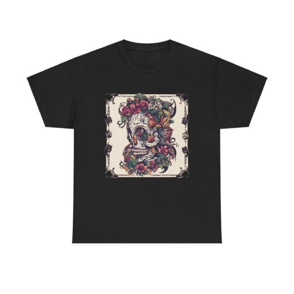 Floral Skull Unisex Heavy Cotton Tee - Unique Art T-Shirt for Casual Wear - Image 2